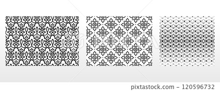 Geometric floral set of seamless patterns. White and black vector backgrounds. Damask graphic ornaments. 120596732