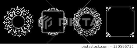 Set of decorative frames Elegant vector element for design in Eastern style, place for text. Floral black and white borders. Lace illustration for invitations and greeting cards. 120596735