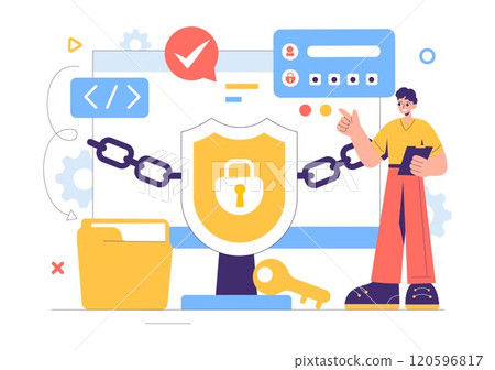 Cyber Security Vector Illustration of Data Protection, Safety Measures, and Secure Systems for Networks, Internet, and Backup Servers in a Background 120596817
