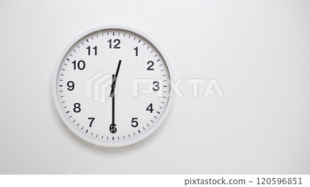 Clean White Clock at 12.30 or 00.30 on Minimalist White Background - Ideal for Time Concepts and Modern Design Clean White Clock at 12.30 or 00.30 on Minimalist White Background - Ideal for Time Concepts and Modern Design 120596851
