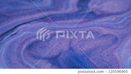 Violet leak. Purple flow. Fantasy wavy texture with floating ink glitter circles. Mixing of paint ripple color surface deformation. 120596905