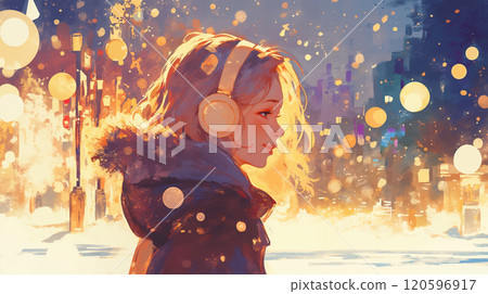 A woman walking with headphones on in an illuminated city 120596917