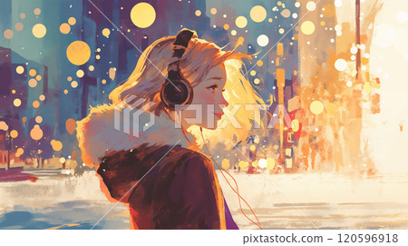 A woman walking with headphones on in an illuminated city 120596918