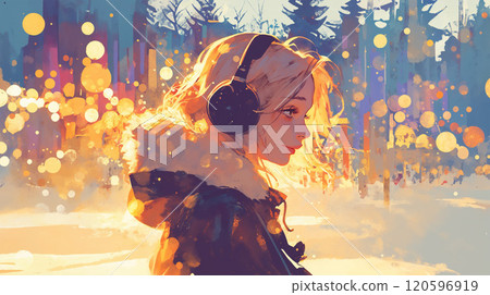 A woman walking with headphones on in an illuminated city 120596919