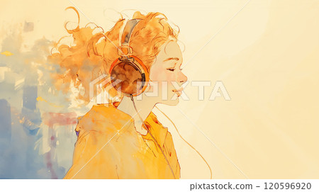 A woman walking with headphones on in an illuminated city A woman walking with headphones on in an illuminated city 120596920