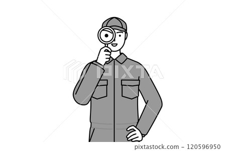 A mechanic in overalls holding a magnifying glass and putting his hands on his hips 120596950