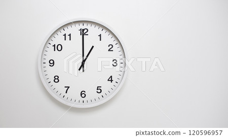 Clean White Clock at 13.00 or 01.00 on Minimalist White Background - Ideal for Time Concepts and Modern Design Clean White Clock at 13.00 or 01.00 on Minimalist White Background - Ideal for Time Concepts and Modern Design 120596957
