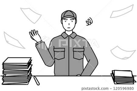 A mechanic in overalls is fed up with the unfinished business A mechanic in overalls is fed up with the unfinished business 120596980