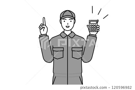 A mechanic in overalls holding a calculator and pointing 120596982