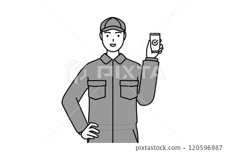 A mechanic in overalls using a smartphone at work A mechanic in overalls using a smartphone at work 120596987