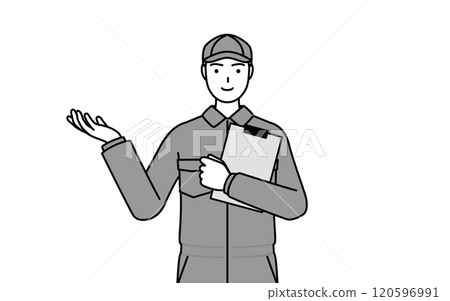 A mechanic in overalls holding a clipboard and spreading his hands 120596991