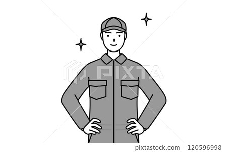 身穿連身褲、雙手叉腰的機械師 120596998