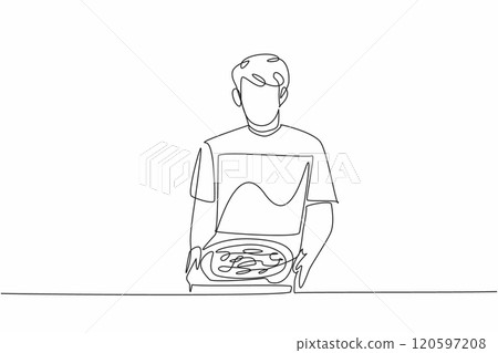 Continuous one line drawing a young man opening a box of pizza. Preparation and enjoyment of food. Fiest culinary events. Delicious. National Pizza Day. Single line draw design vector illustration Continuous one line drawing a young man opening a box of pizza. Preparation and enjoyment of food. Fiest culinary events. Delicious. National Pizza Day. Single line draw design vector illustration 120597208
