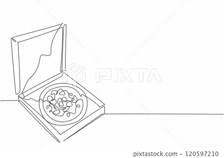 Single continuous line drawing pizza in a box with the lid open. Various toppings. Offering the pleasure of traditional food. Italian delight. National Pizza Day. One line design vector illustration Single continuous line drawing pizza in a box with the lid open. Various toppings. Offering the pleasure of traditional food. Italian delight. National Pizza Day. One line design vector illustration 120597210