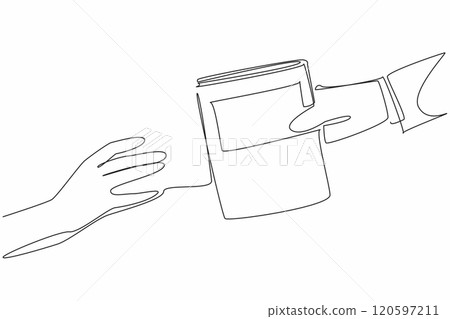 Single continuous line drawing a hand extends to receive book from another hand. Gift. A loan. Exchange. Sharing. Transfer knowledge. International Book Giving Day. One line design vector illustration Single continuous line drawing a hand extends to receive book from another hand. Gift. A loan. Exchange. Sharing. Transfer knowledge. International Book Giving Day. One line design vector illustration 120597211