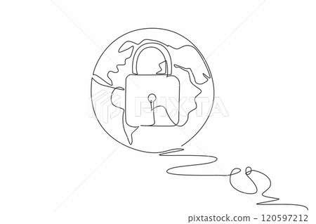 Single one line drawing a mouse connected to a globe with a padlock in the middle. Global security, data protection. Secure. Safety. Safer Internet Day. Continuous line design graphic illustration Single one line drawing a mouse connected to a globe with a padlock in the middle. Global security, data protection. Secure. Safety. Safer Internet Day. Continuous line design graphic illustration 120597212