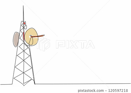 Single continuous line drawing a radio tower stands tall against the sky. The infrastructure and technology behind radio broadcasting. Connecting. World Radio Day. One line design vector illustration Single continuous line drawing a radio tower stands tall against the sky. The infrastructure and technology behind radio broadcasting. Connecting. World Radio Day. One line design vector illustration 120597218