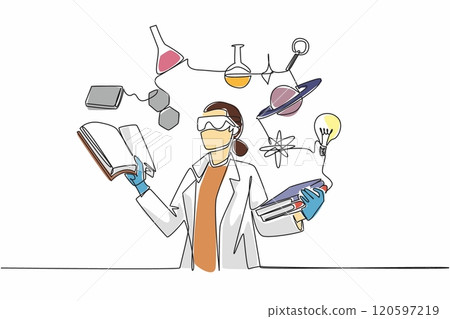 Single one line drawing female scientist surrounded by scientific symbols. Symbolizing knowledge. Research. The contributions of women in STEM fields. Continuous line design graphic illustration 120597219