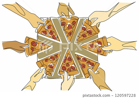 Continuous one line drawing multiple hands reaching for slices of pizza. Shared enjoyment, friendship, and celebration. Togetherness. National Pizza Day. Single line draw design vector illustration Continuous one line drawing multiple hands reaching for slices of pizza. Shared enjoyment, friendship, and celebration. Togetherness. National Pizza Day. Single line draw design vector illustration 120597228