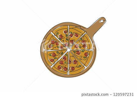 Continuous one line drawing a pizza on a round serving tray. The deliciousness and convenience of pizza. Eaten with loved ones. Tasty. National Pizza Day. Single line draw design vector illustration 120597231