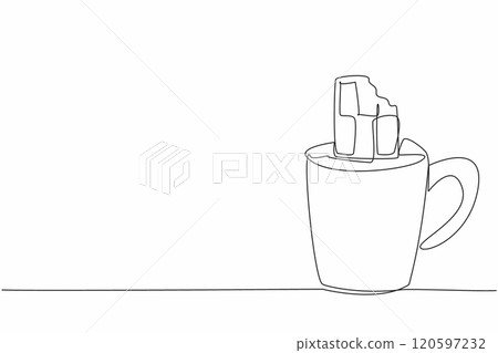 Continuous one line drawing mug containing chocolate drink and chocolate bar. A drink and a snack at the same time. Relaxing. National Hot Chocolate Day. Single line draw design vector illustration 120597232