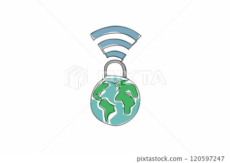 Single continuous line drawing a padlock connected to a globe with Wi-Fi signals. Safeguarding information in an interconnected world. Secure. Safer Internet Day. One line design vector illustration 120597247