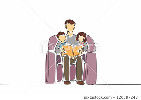Continuous one line drawing man with two children sitting on sofa reading a book together. A model father. A good hobby to pass on. World Read Aloud Day. Single line draw design vector illustration Continuous one line drawing man with two children sitting on sofa reading a book together. A model father. A good hobby to pass on. World Read Aloud Day. Single line draw design vector illustration 120597248