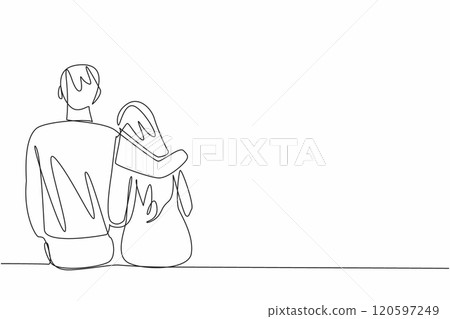 Continuous one line drawing man embracing his female partner who is sitting. Calming. Eliminates anxiety. Support the beloved woman. National Spouses Day. Single line draw design vector illustration Continuous one line drawing man embracing his female partner who is sitting. Calming. Eliminates anxiety. Support the beloved woman. National Spouses Day. Single line draw design vector illustration 120597249