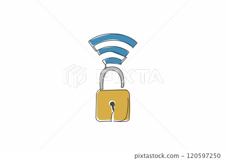 Continuous one line drawing a padlock is unlocked with Wi-Fi signals. The importance of secure Wi-Fi connections. Avoid cybercriminals. Safer Internet Day. Single line draw design vector illustration Continuous one line drawing a padlock is unlocked with Wi-Fi signals. The importance of secure Wi-Fi connections. Avoid cybercriminals. Safer Internet Day. Single line draw design vector illustration 120597250