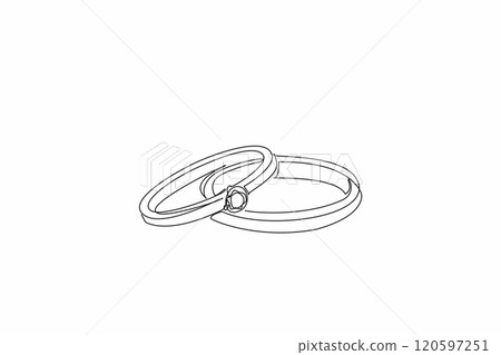 Single one line drawing two stacked rings. Lying in the room. Surprise gift for the beloved wife. The luxury of diamonds. Sweetheart. National Spouses Day. Continuous line design graphic illustration 120597251