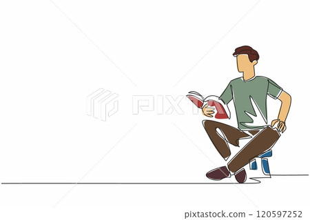 Single one line drawing man sitting on child's chair reading book. Telling an exciting story book. Cultivating interest in reading. World Read Aloud Day. Continuous line design graphic illustration 120597252