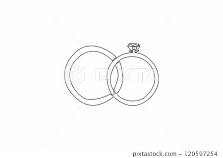 Single continuous line drawing two rings side by side. With diamonds it adds luxury. Couple gift for beloved woman. Love language is giving. National Spouses Day. One line design vector illustration 120597254