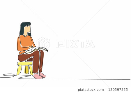 Single one line drawing woman sitting on a child's chair reading a book. Modeling the best way to read. Cultivating good interest. World Read Aloud Day. Continuous line design graphic illustration Single one line drawing woman sitting on a child's chair reading a book. Modeling the best way to read. Cultivating good interest. World Read Aloud Day. Continuous line design graphic illustration 120597255
