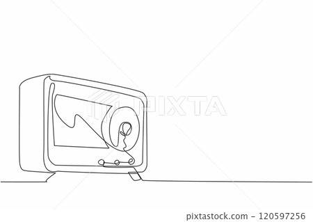 Single continuous line drawing vintage or retro radio is turned off. The evolution of media. Enduring power of radio as a source of information. World Radio Day. One line design vector illustration Single continuous line drawing vintage or retro radio is turned off. The evolution of media. Enduring power of radio as a source of information. World Radio Day. One line design vector illustration 120597256