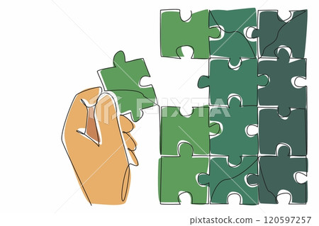 Single continuous line drawing hand holding puzzle pieces and beside it is a large puzzle. Complementary pieces. Become an image. Perfect. National Puzzle Day. One line design vector illustration 120597257