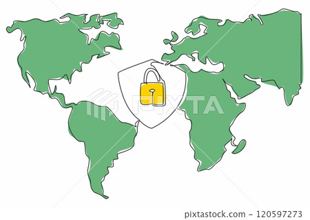 Single continuous line drawing the shield and padlock with world map background. The world is connected through the internet. Protect the privacy. Data Privacy Day. One line design vector illustration 120597273