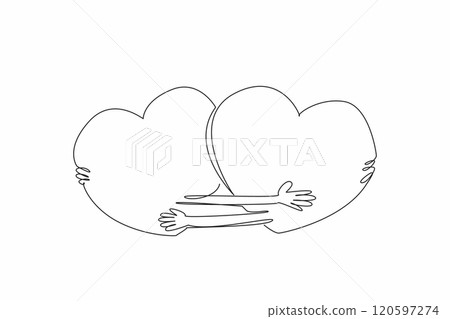Single continuous line drawing two hearts embrace each other. Interlinked. Trust each other. Give each other comfort. Giving warmth of heart. National Hug Day. One line design vector illustration 120597274