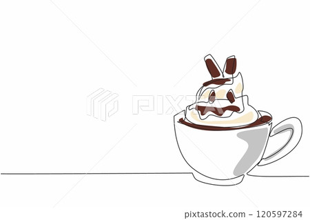 Continuous one line drawing the cup with chocolate drink and whipped cream. Creamy in the mouth. Very delicious in every sip. National Hot Chocolate Day. Single line draw design vector illustration 120597284