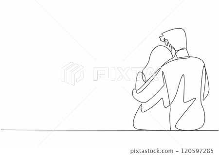 Single continuous line drawing husband hugs his wife who is sitting. Providing comfort to beloved women. Hugging to soothe. Giving warmth. Love. National Hug Day. One line design vector illustration 120597285