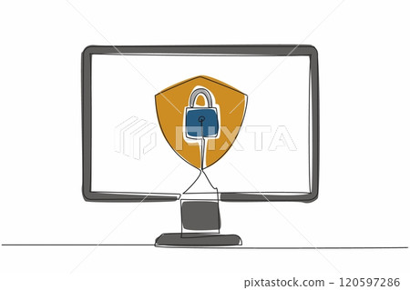 Single one line drawing shield and padlock in the middle of the computer monitor. Computer use two security systems. Protecting. Secure. Data Privacy Day. Continuous line design graphic illustration 120597286