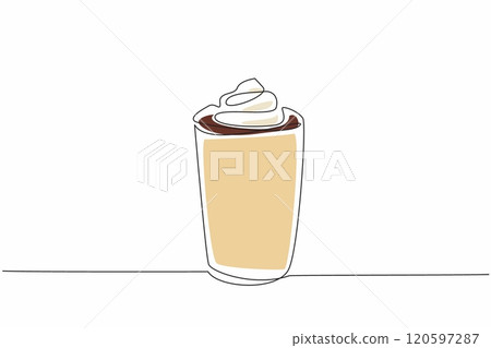 Single continuous line drawing paper cup with chocolate drink and whipped cream. Drink as much chocolate as like. Celebrate. Take away. National Hot Chocolate Day. One line design vector illustration 120597287