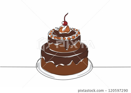 Continuous one line drawing two tier chocolate cake with cherry topping. Celebration cake. So delicious in every bite. Delight. National Chocolate Cake Day. Single line draw design vector illustration Continuous one line drawing two tier chocolate cake with cherry topping. Celebration cake. So delicious in every bite. Delight. National Chocolate Cake Day. Single line draw design vector illustration 120597290