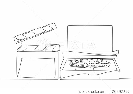 Single one line drawing clapper and typewriter side by side. Creates scripts. Helps synchronize images and sound. Equipment. National Screenwriters Day. Continuous line design graphic illustration 120597292