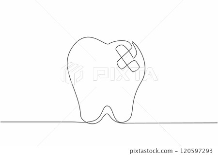 Continuous one line drawing a tooth has a bandage on it. The need for dental care. The importance of preventing toothaches. Treated. National Toothache Day. Single line draw design vector illustration 120597293