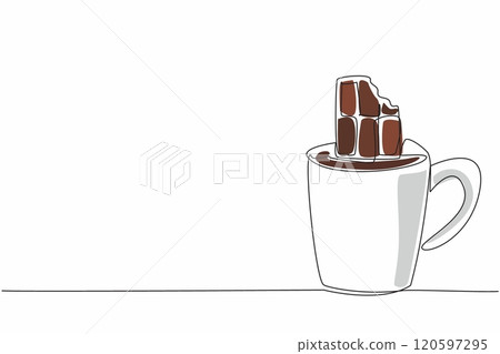 Continuous one line drawing mug containing chocolate drink and chocolate bar. A drink and a snack at the same time. Relaxing. National Hot Chocolate Day. Single line draw design vector illustration 120597295