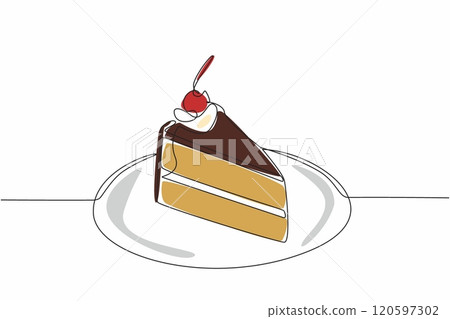 Single continuous line drawing slices of chocolate cake topped with cream and cherry. A very delicious chocolate dish. Celebration. National Chocolate Cake Day. One line design vector illustration 120597302
