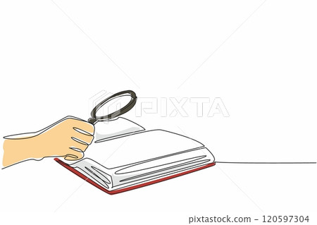 National Thesaurus Day. Single continuous line drawing person hand holding magnifier glass and searching significant information from opened old script book. Digging knowledge from the source concept National Thesaurus Day. Single continuous line drawing person hand holding magnifier glass and searching significant information from opened old script book. Digging knowledge from the source concept 120597304