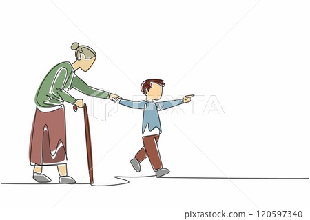 Single one line drawing a young boy with a kind smile offers his hand to elderly woman. Together, they step onto the crosswalk. Random Acts of Kindness Day. Continuous line design graphic illustration Single one line drawing a young boy with a kind smile offers his hand to elderly woman. Together, they step onto the crosswalk. Random Acts of Kindness Day. Continuous line design graphic illustration 120597340