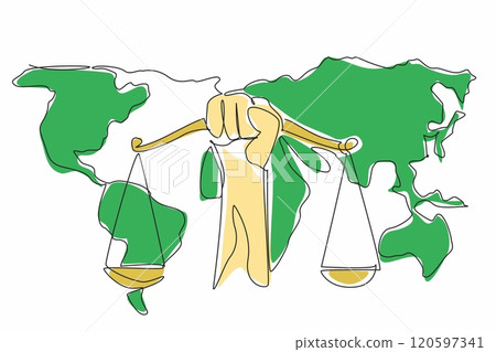 Single continuous line drawing a scale of justice hold in hand with world map background. Justice on entire world. Global. Equality. World Day of Social Justice. One line design vector illustration 120597341