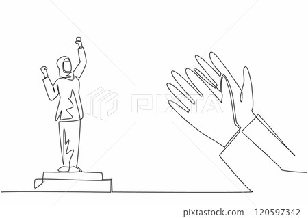 Single continuous line drawing Arabian woman stands on a podium. Victorious pose. The celebration of her accomplishment. Encouragement. Employee Appreciation Day. One line design vector illustration 120597342